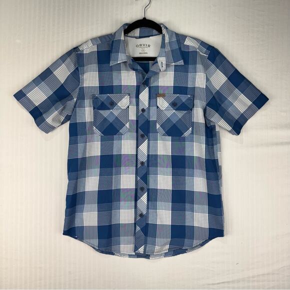 Orvis Blue/White Plaid Short Sleeve Button-Up Men Tech Shirt Size Medium UPF 30 - Picture 1 of 5